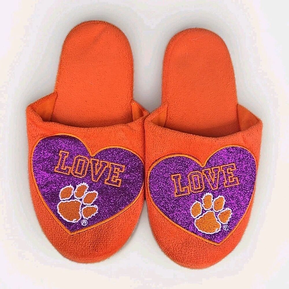 Clemson Slippers  With Purple Glitter Heart & Embroidered Pae Print XL